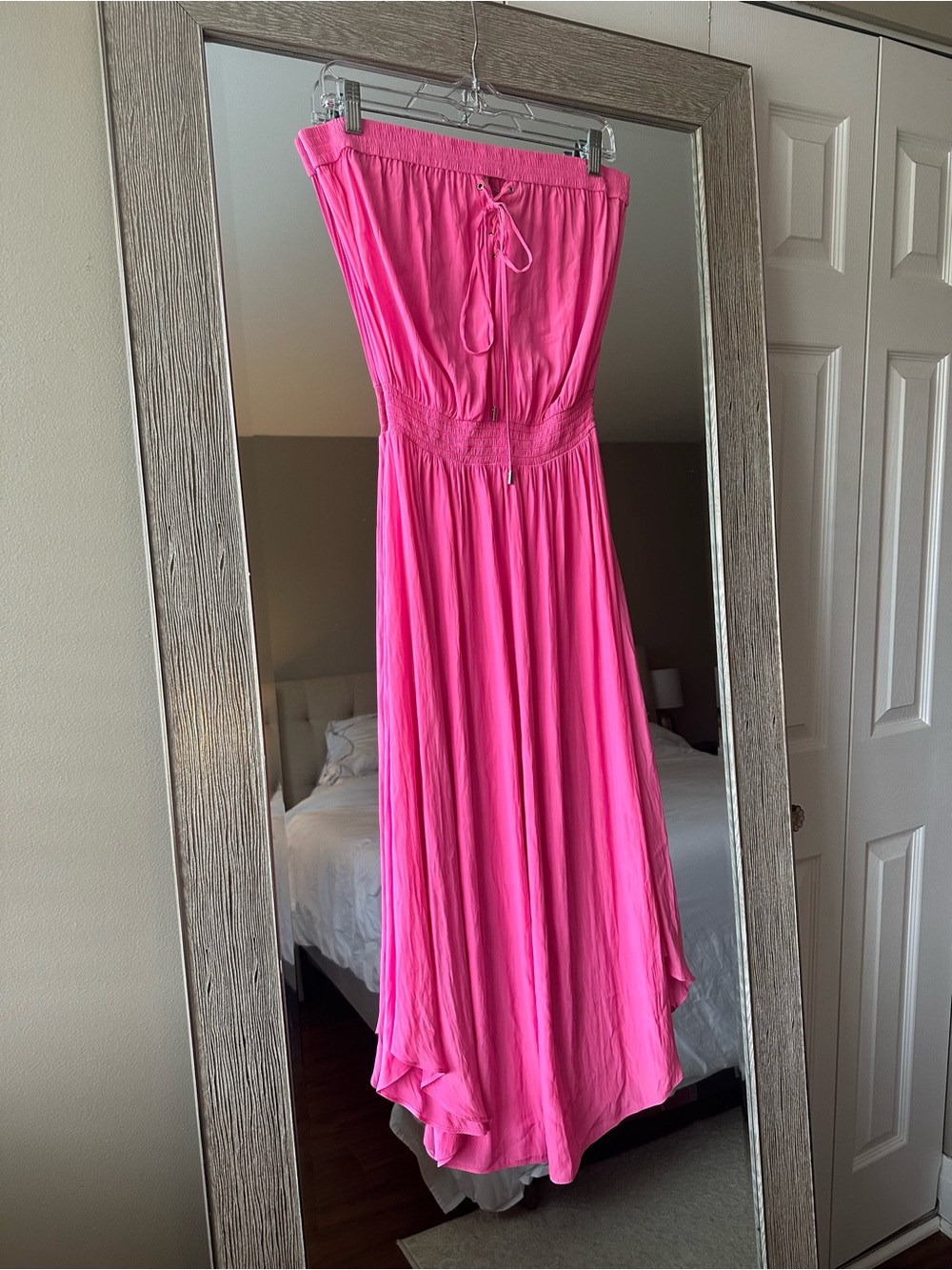 Ramy Brook Hot Pink Strapless Smocked Waist Satin Midi Dress Size Small